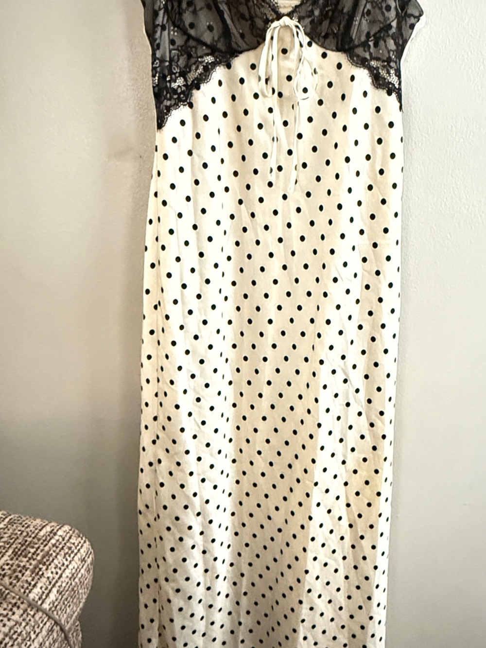 Jessica Simpson Black Polka Dot Satin Maxi Skirt with Lace Waist